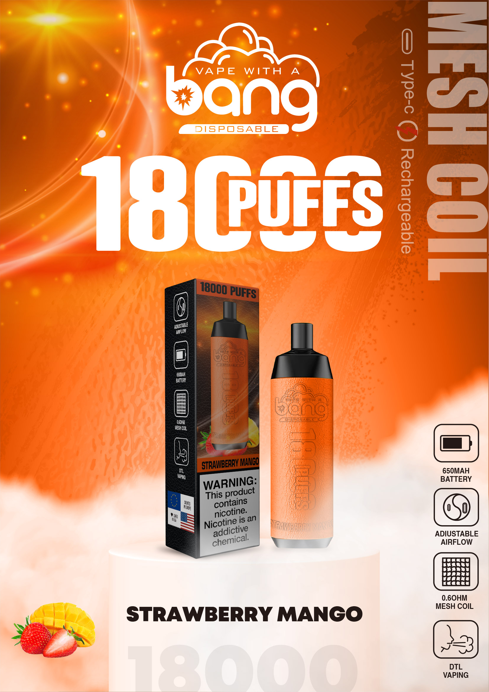 Hot Selling Rechargeable E Cigarette Bang 18000 Puff Bar Wholesale Disposable Vape Bar